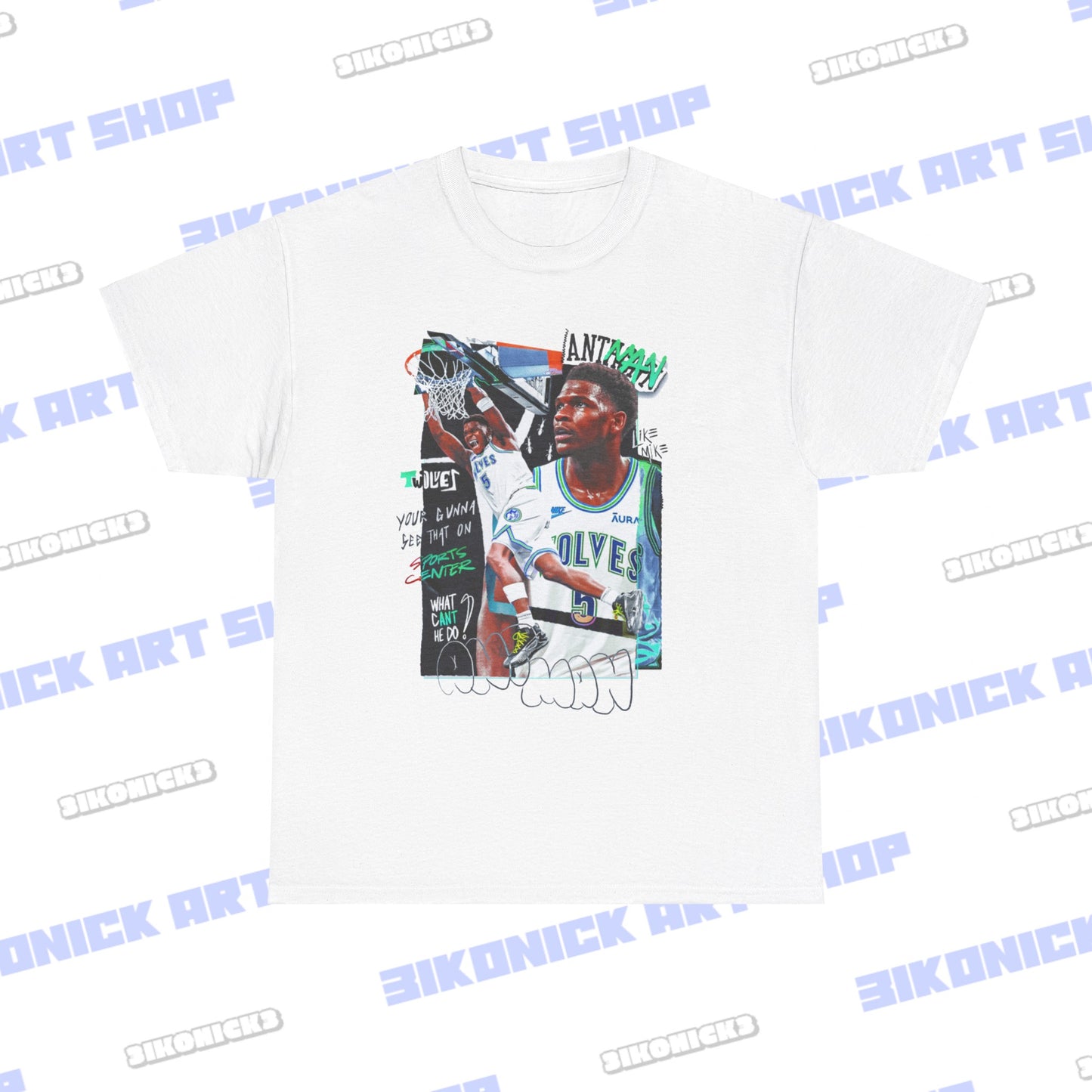 Minnesota Timberwolves Anthony Edwards T-Shirt | Available in White, Gray, Light Blue and Black Unisex Heavy Cotton Tee