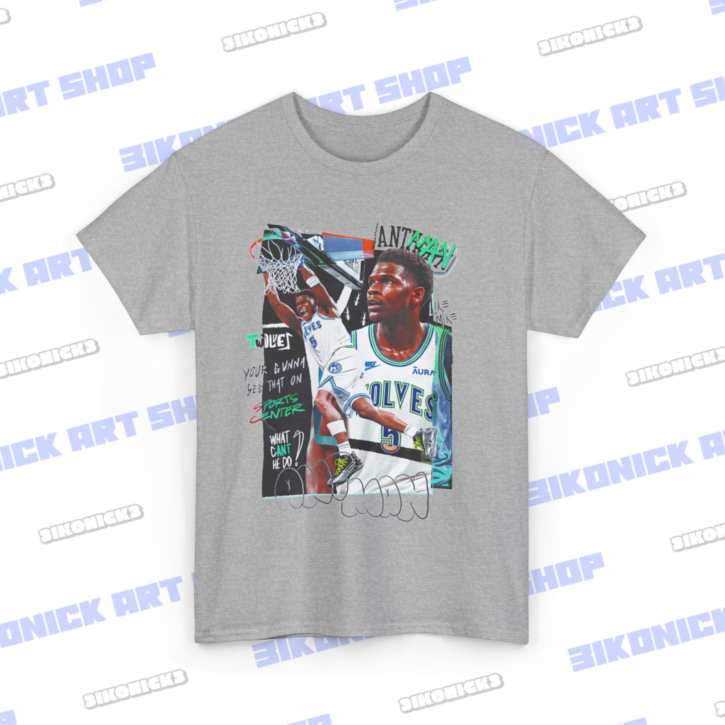 Minnesota Timberwolves Anthony Edwards T-Shirt | Available in White, Gray, Light Blue and Black Unisex Heavy Cotton Tee