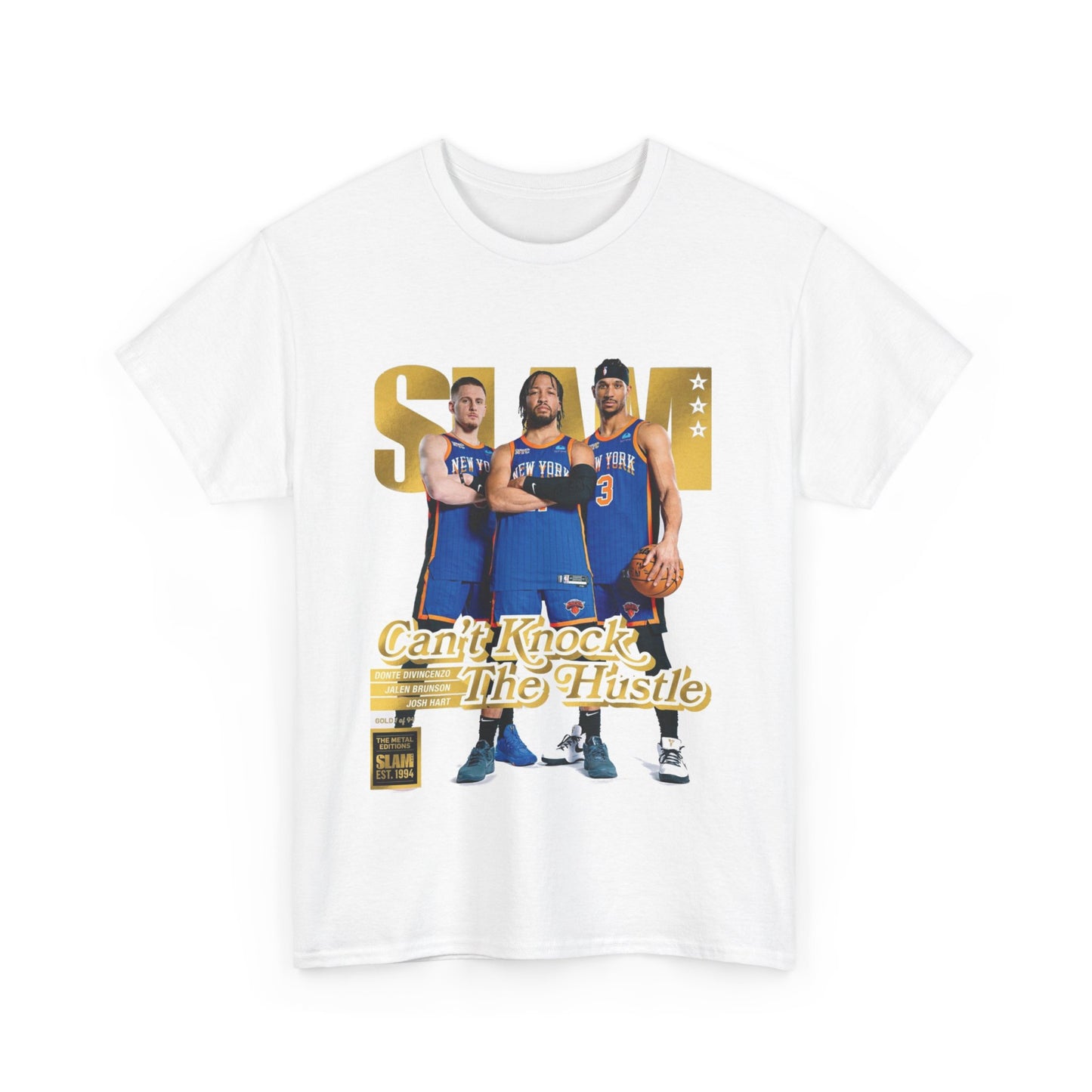 Gold Knicks Stars Trio - Jalen Brunson, Josh Hart, and Donte DiVincenzo Slam Magazine Cover style T-Shirt