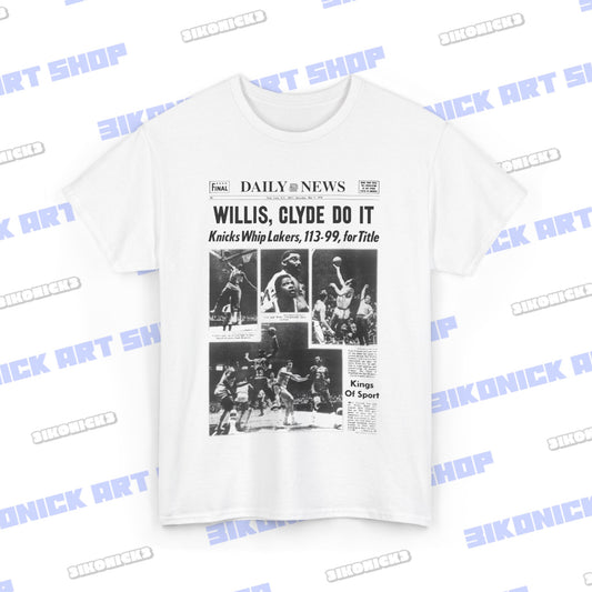 Vintage Knicks 70s Championship Newspaper Tee | Featuring Clyde Frazier & Willis Reed | Essential for Fans Unisex Heavy Cotton Tee